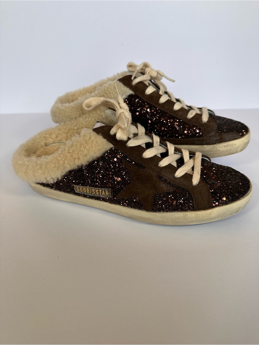 Golden Goose Super-Star Sabot Brown Glitter Shearling Mules Size 39 US 9